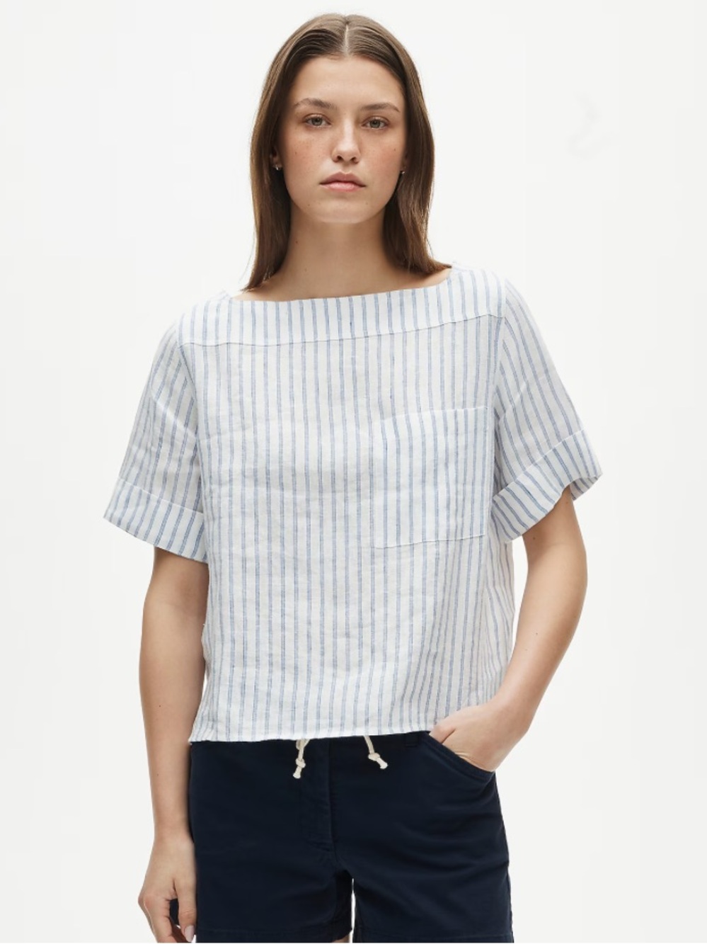 J. Crew Boatneck T-shirt in striped linen - White Blue